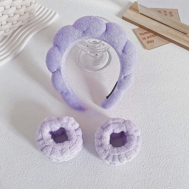CORSULA 1Pcs Facial Spa Headband 2Pcs Wristband Combo Set,Sponge Spa Headband for Women, Purple Makeup Headband and Wrist Washband Set for Face Washing, Skincare, Shower, Makeup Removal… - Image 5