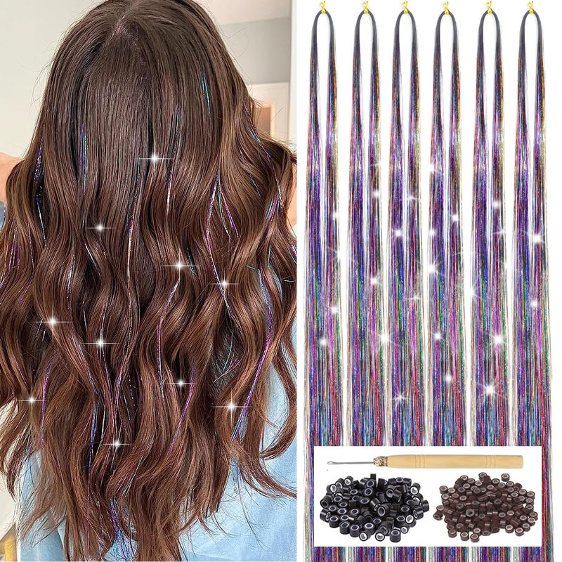 YOOONXI Hair Tinsel Kit with Tool 6pcs 1200 Strands Glitter Tinsel Hair Extensions Heat Resistant Sparkling Shiny Fairy Hair Accessories for Women Girls Kids Colorful