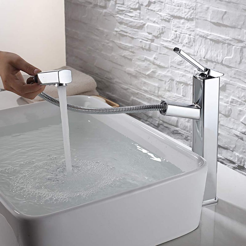 KAIYING Bathroom Pull Down Vessel Sink Faucet Lavatory Single Hole Basin Sink Faucet with Pull Out Sprayer Single Handle Utility Mixer Tap with Rotating Spout Tall Chrome