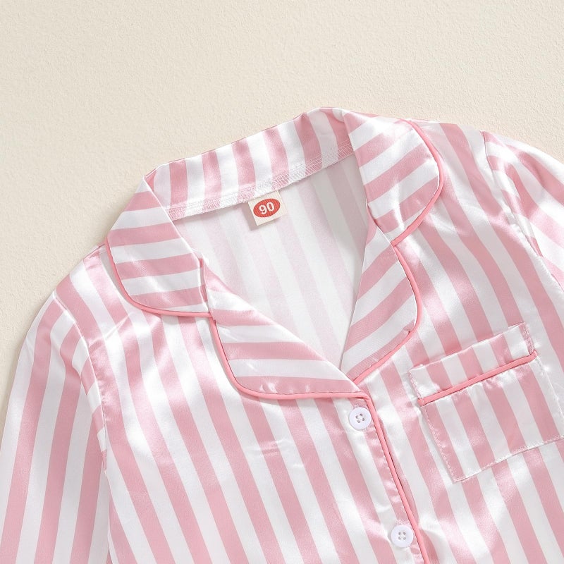 Douhoow Kids Baby Toddler Girls Satin Silk Pajamas Set Long Sleeve Button Down Shirts Tops Pants Fall Pjs Lounge Sleepwear (Pink Stripes, 18-24 Months) - Image 4