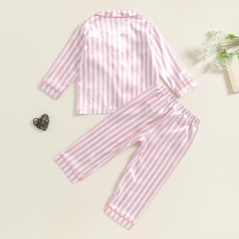 Douhoow Kids Baby Toddler Girls Satin Silk Pajamas Set Long Sleeve Button Down Shirts Tops Pants Fall Pjs Lounge Sleepwear (Pink Stripes, 18-24 Months) - Image 3