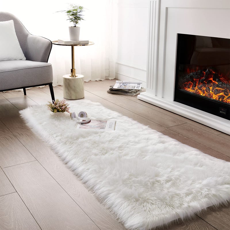 Ciicool Faux Fur Rug for Bedroom White Fluffy Shag Rugs for Sofa Couch Seat Cushion Washable Fuzzy Runner Thick Fur Area Rug Floor Carpets for Bedside Living Room 2x6 Ft Rectangle