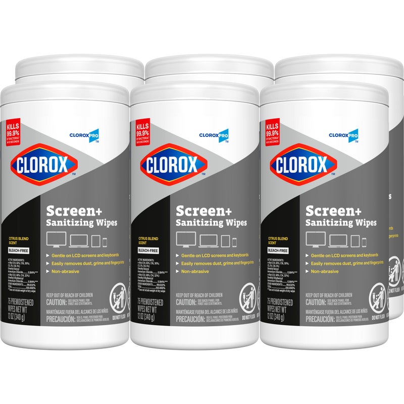 CloroxPro Clorox Screen+ Sanitizing Wipes, Bleach Free Cleaning Wipes, Citrus Blend Scent, 75 Count, Pack of 6 - Image 1