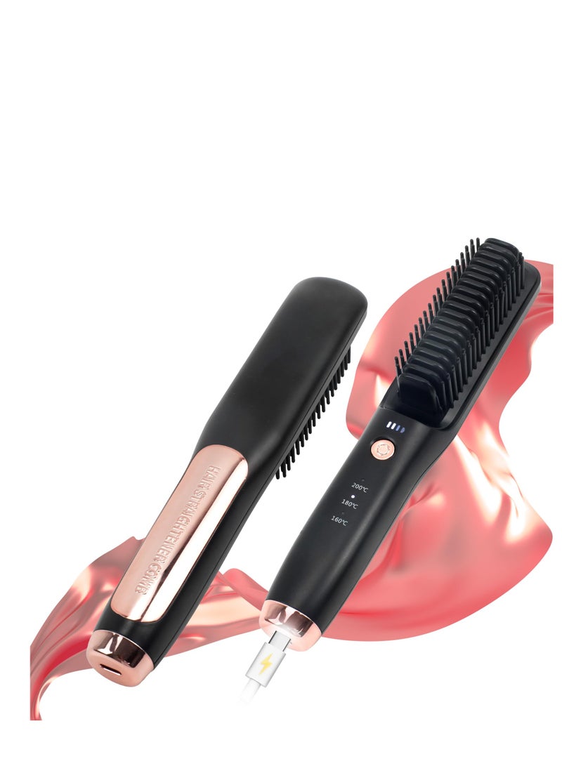 SYOSI Porta Cordless Hair Straightener Brush,2-in-1 Hair Straightener and Curler with 3 Temperature Settings - Portable and Lightweight Design for Travel (Black) - Image 2