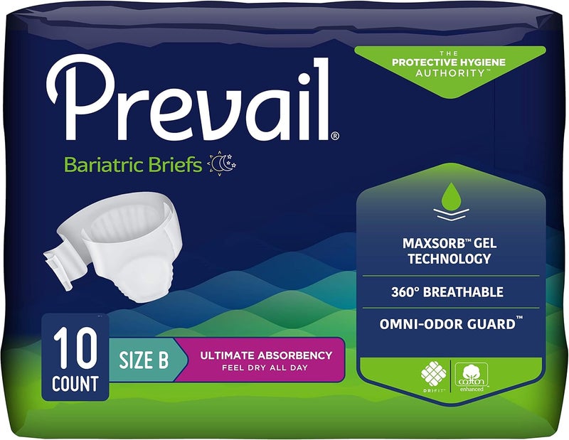 Prevail Prevail Incontinence Bariatric Brief, Unisex Disposable Adult Diaper with Tabs for Men & Women, Ultimate Absorbency, Size B, 10 Count Bag 