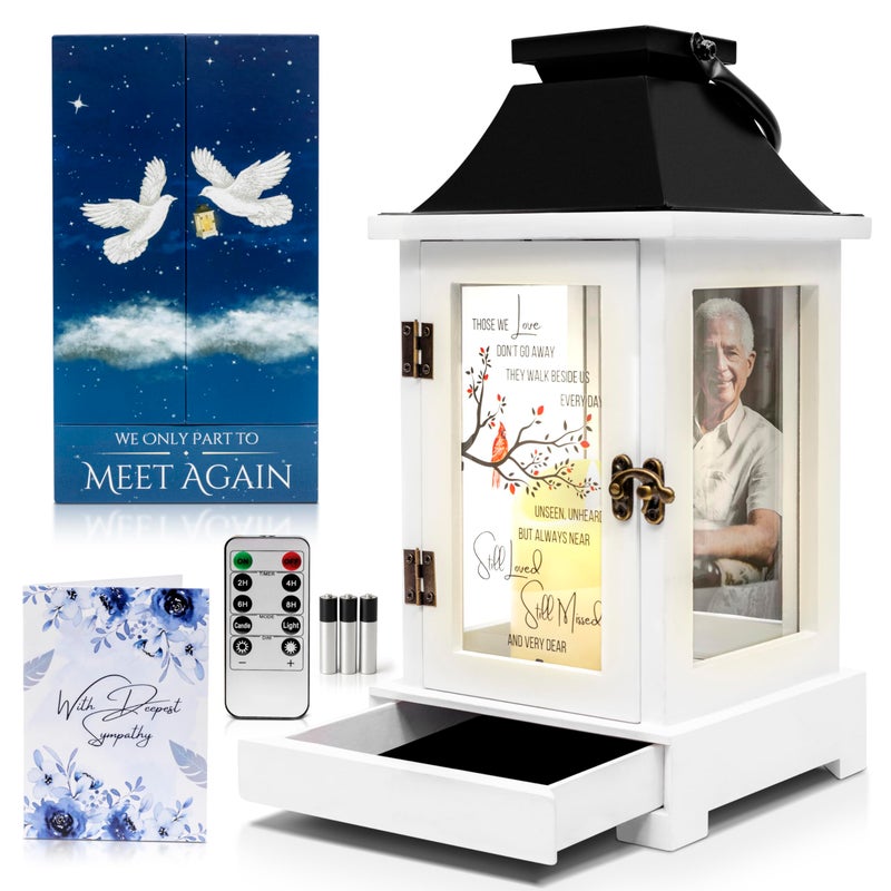 STILLWIND Memorial Lantern with Drawer for Keepsakes - Sympathy Gifts for Loss of Loved One - Memorial Gifts, Bereavement Gifts, Funeral Gifts, Grief Gifts for Women / Men (Candle, Remote, Batteries) - Image 1