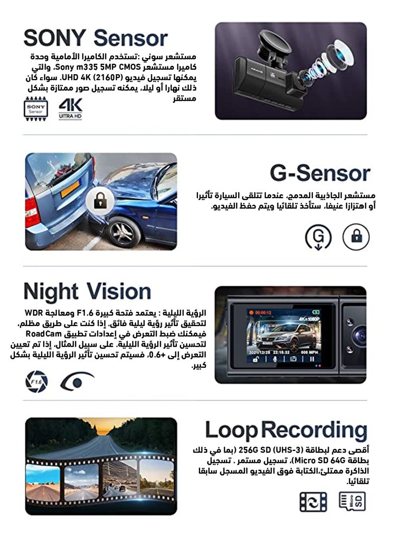 SOOF - 4K HD Dash Cam Front 4K, Rear 2K & Interior 1080P Dashcam Infrared Night Vision Dashcam Loop Recording & G-Sensor Car Accident Detection Camera 170° Wide-Angle Vehicle Recorder Parking Mode & Motion Detection Triple Channel Car Camera 128GB Memory Card Dashcam Uber, Taxi & Fleet Vehicle Dashcam - Image 1