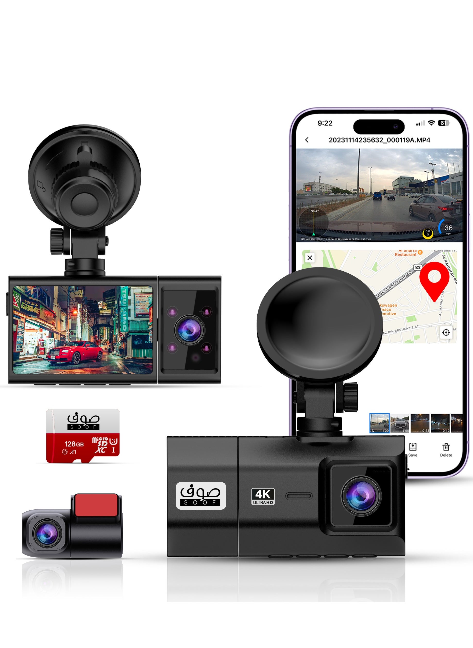 Dash Cam 3 Channels Dash Cam Front, Rear and Interior Dash Cam Car Camera Dash Cam Night Vision Car Camera Front camera 4k Back camera 2k interior camera 1080p HD with 128GB Memory card 