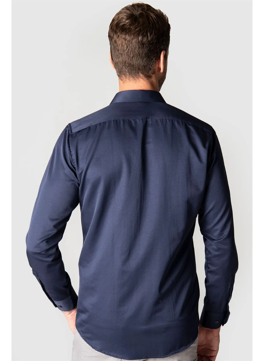 Tudors Modern Slim Fit Long Sleeve Plain Satin Cotton Men's Navy Blue Shirt