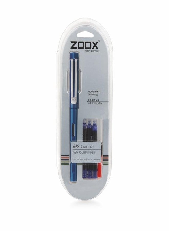 فلير قلم حبر Flair Zoox A9 كروم | تقنية الحبر السائل ورأس من الإيريديوم | تصميم بسيط مع مشبك مطلي بالكروم | 3 خراطيش ومحول واحد | حبر أزرق، عبوة من قطعتين - قد يختلف اللون - Image 3