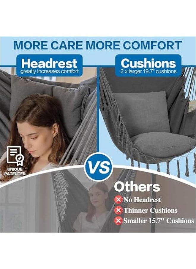 MIXDE Hanging Hammock Chair with Tassel, Bedroom Swing Chair, Max 500 Lbs, Indoor Outdoor, 2 Cushions Included, Large Fabric Size with Pocket, Steel Spreader Bar, Hardware Kits and Bag (Dark Gray)  - Image 3