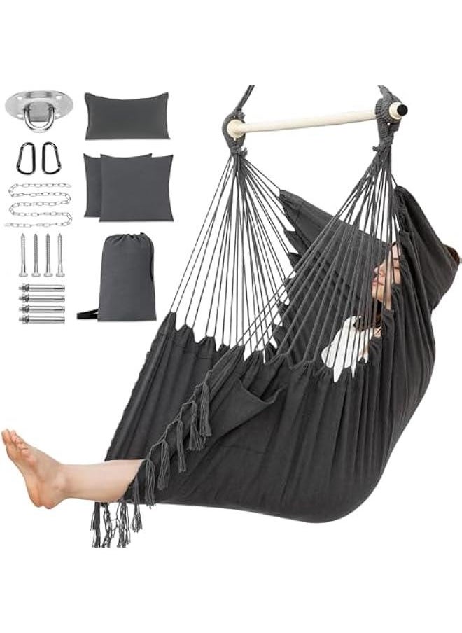 MIXDE Hanging Hammock Chair with Tassel, Bedroom Swing Chair, Max 500 Lbs, Indoor Outdoor, 2 Cushions Included, Large Fabric Size with Pocket, Steel Spreader Bar, Hardware Kits and Bag (Dark Gray)  - Image 1
