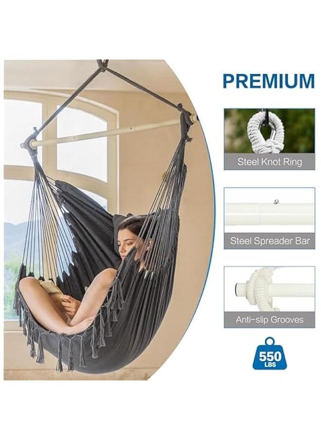 MIXDE Hanging Hammock Chair with Tassel, Bedroom Swing Chair, Max 500 Lbs, Indoor Outdoor, 2 Cushions Included, Large Fabric Size with Pocket, Steel Spreader Bar, Hardware Kits and Bag (Dark Gray)  - Image 4