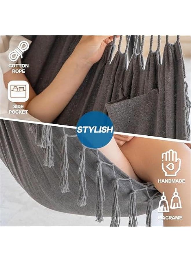MIXDE Hanging Hammock Chair with Tassel, Bedroom Swing Chair, Max 500 Lbs, Indoor Outdoor, 2 Cushions Included, Large Fabric Size with Pocket, Steel Spreader Bar, Hardware Kits and Bag (Dark Gray)  - Image 5