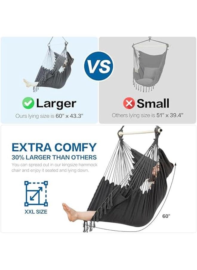 MIXDE Hanging Hammock Chair with Tassel, Bedroom Swing Chair, Max 500 Lbs, Indoor Outdoor, 2 Cushions Included, Large Fabric Size with Pocket, Steel Spreader Bar, Hardware Kits and Bag (Dark Gray)  - Image 2