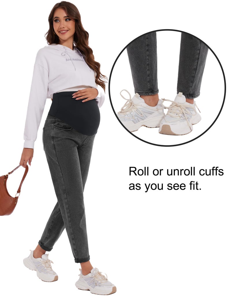 POSHGLAM Women's Maternity Jeans Over Belly Comfy Stretch 28'' Boyfriend Jeans Loose Pregnancy Pants(Washed Black, X-Large) - Image 3