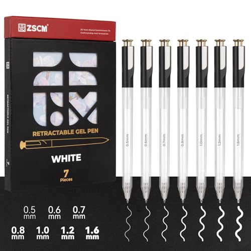ZSCM Retractable White Gel Pen, 7 Nib Sizes - Precision Large Capacity Opaque White Archival Gel Ink Pens, Fine Point Smooth Writing Highlighter Pens for Black Paper Note Taking Aesthetic Art Supplies - Image 1