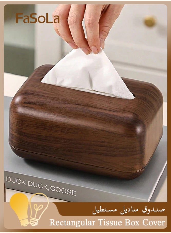 Fasola Rectangular Tissue Box Cover, Wood Grain Tissue Holder, Spring-Loaded Napkin Dispenser for Coffee Table, Kitchen Counter, Office Desk (Brown, 18x10.5x11.7 cm) - Image 1