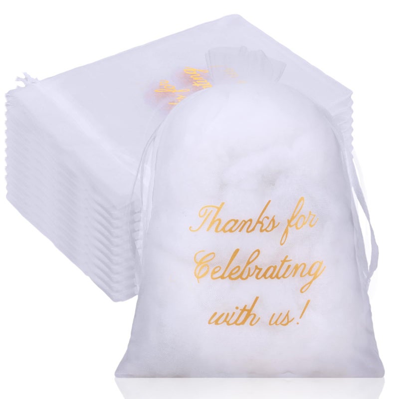 Riakrum 100 Pcs Thank You Bags Sheer Organza Bags Wedding Party Favor with Drawstring Thanks for Celebrating with Us Gift Wrap Mesh Mini Gift for Jewelry Makeup Candy Sachet5 x 7 InchWhite