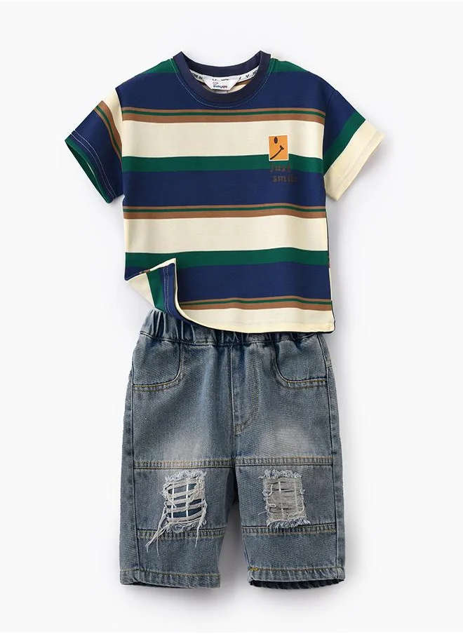 بيبي كلو Cool Striped T-Shirt & Denim Shorts Set