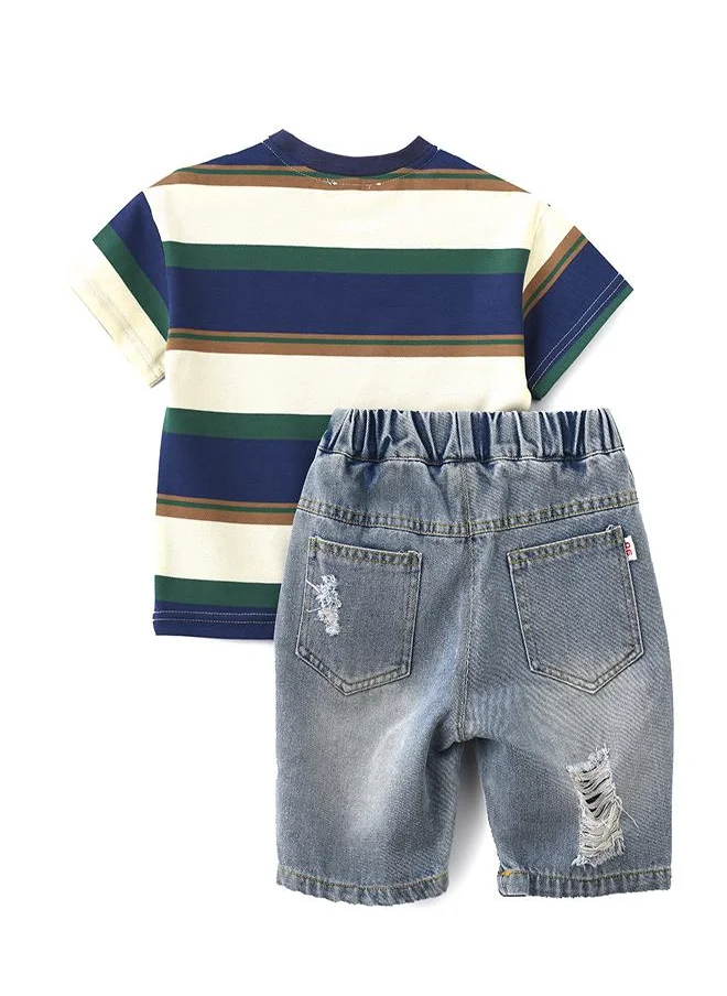 بيبي كلو Cool Striped T-Shirt & Denim Shorts Set