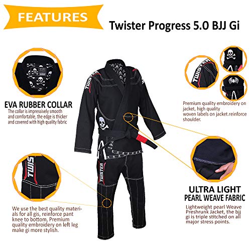 Twister Progress 5.0 Brazilian Jiu Jitsu Gi | BJJ Gi | Lightweight Preshrunk Pearl Weave | With Pants and Jacket 475gram (BLACK, A1) - Image 3