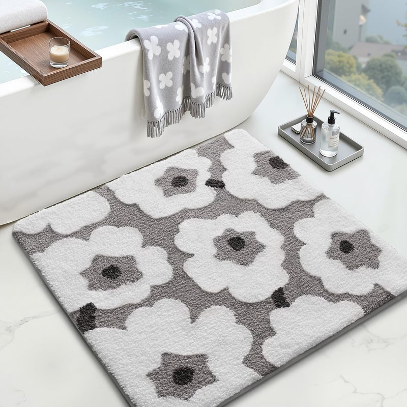 LUMI Floral Bath Mat, Soft Absorbent Square Bath Rug, Non-Slip Quick Dry Luxury Rug, Machine Washable Rugs for Bathroom Floor, Bathtub, Living Room, Home Decor, White Grey, 32"x32" - Image 1