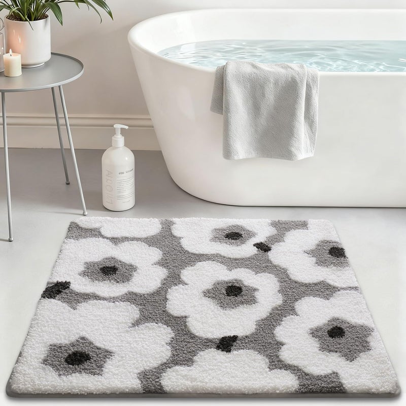 LUMI Floral Bath Mat, Soft Absorbent Square Bath Rug, Non-Slip Quick Dry Luxury Rug, Machine Washable Rugs for Bathroom Floor, Bathtub, Living Room, Home Decor, White Grey, 32"x32" - Image 5