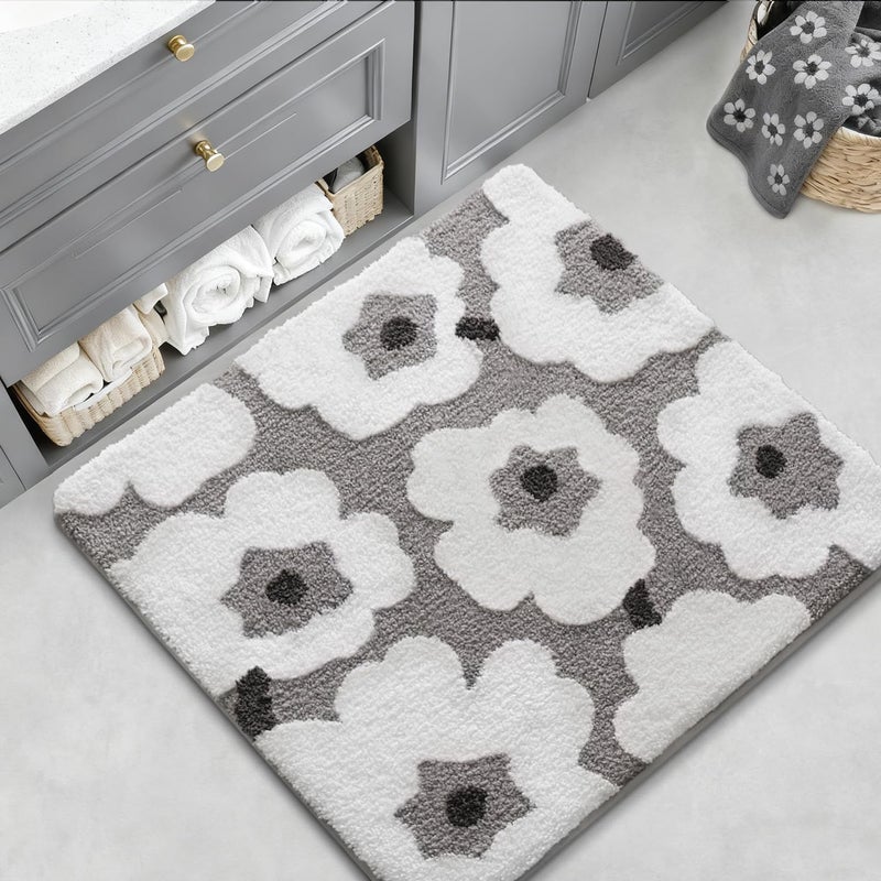LUMI Floral Bath Mat, Soft Absorbent Square Bath Rug, Non-Slip Quick Dry Luxury Rug, Machine Washable Rugs for Bathroom Floor, Bathtub, Living Room, Home Decor, White Grey, 32"x32" - Image 4