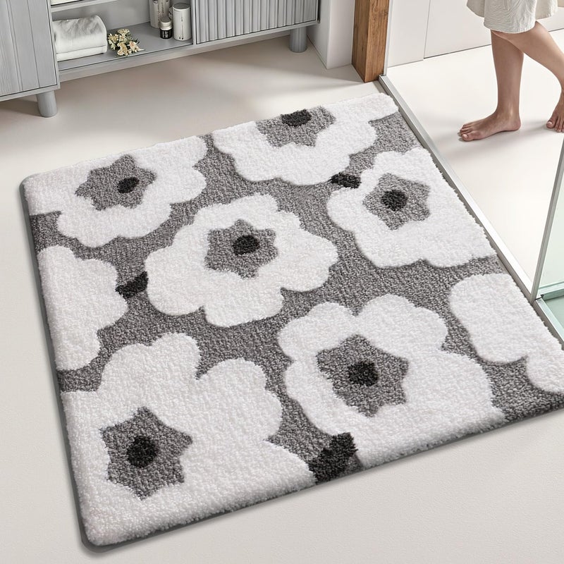 LUMI Floral Bath Mat, Soft Absorbent Square Bath Rug, Non-Slip Quick Dry Luxury Rug, Machine Washable Rugs for Bathroom Floor, Bathtub, Living Room, Home Decor, White Grey, 32"x32" - Image 3