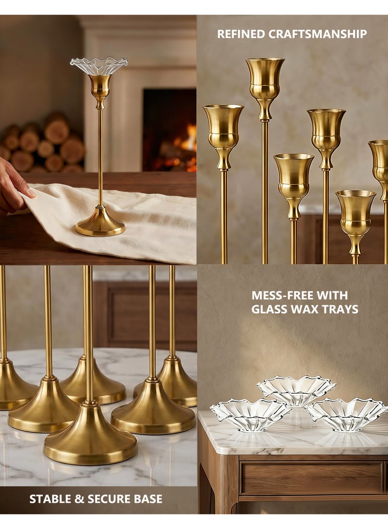 HomeNoor Elegant Premium Gold Candlestick Holders with Petal-Shaped Glass Wax Catchers, Set of 3 in Assorted Sizes, Anti-Drip Candle Stands for Table Centerpieces, Home Decor, Weddings, Parties and Festival Celebrations - Image 4
