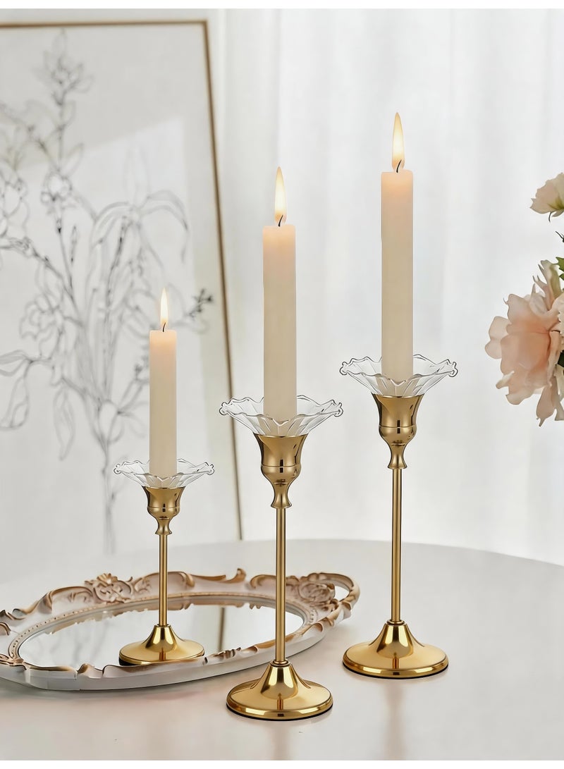 HomeNoor Elegant Premium Gold Candlestick Holders with Petal-Shaped Glass Wax Catchers, Set of 3 in Assorted Sizes, Anti-Drip Candle Stands for Table Centerpieces, Home Decor, Weddings, Parties and Festival Celebrations - Image 1