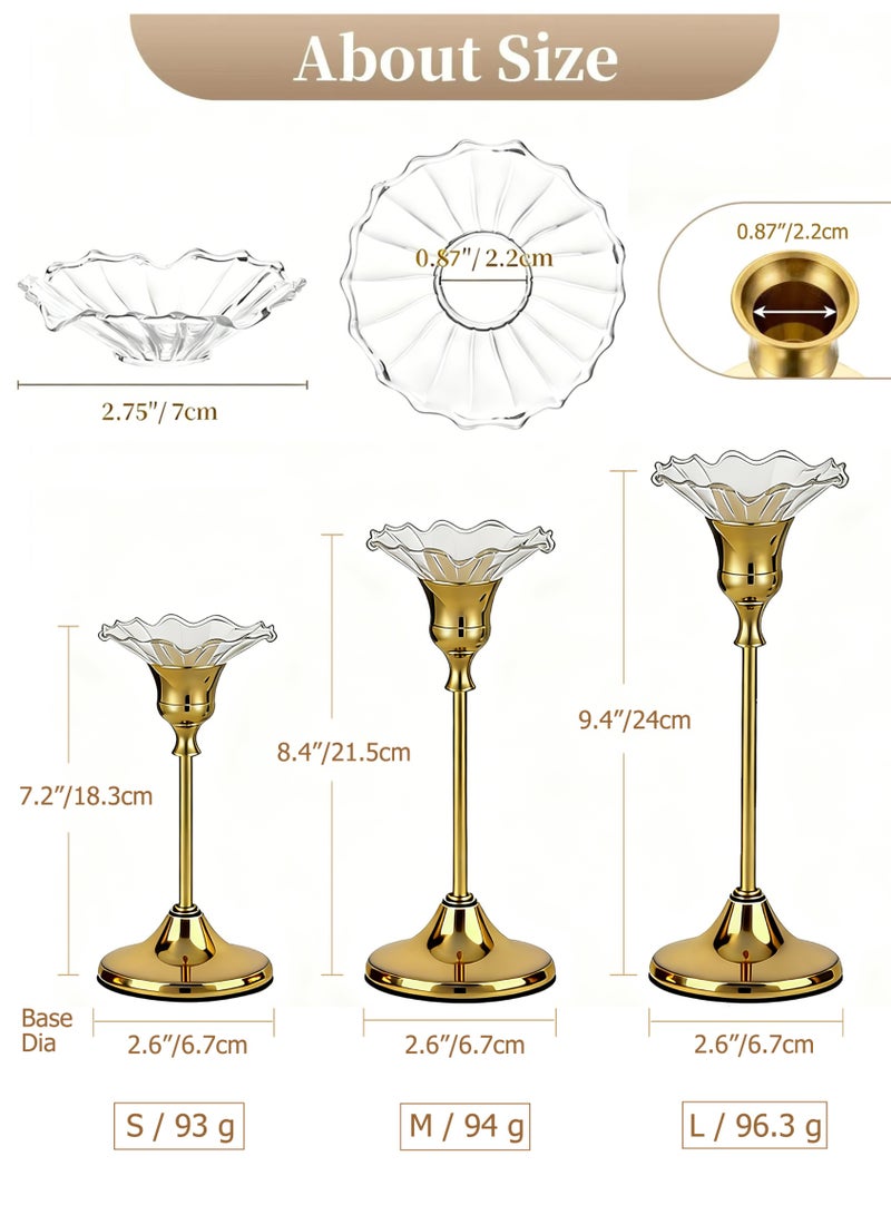 HomeNoor Elegant Premium Gold Candlestick Holders with Petal-Shaped Glass Wax Catchers, Set of 3 in Assorted Sizes, Anti-Drip Candle Stands for Table Centerpieces, Home Decor, Weddings, Parties and Festival Celebrations - Image 2