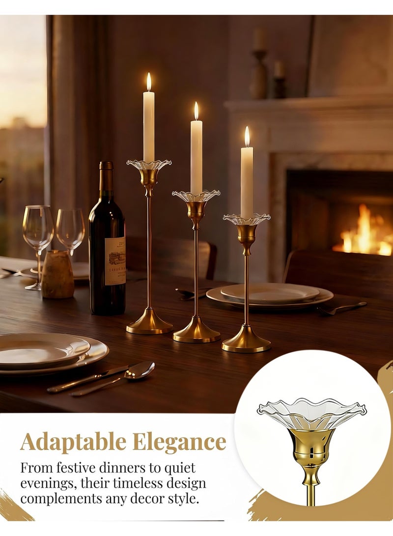 HomeNoor Elegant Premium Gold Candlestick Holders with Petal-Shaped Glass Wax Catchers, Set of 3 in Assorted Sizes, Anti-Drip Candle Stands for Table Centerpieces, Home Decor, Weddings, Parties and Festival Celebrations - Image 3