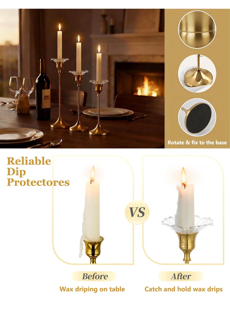 HomeNoor Elegant Premium Gold Candlestick Holders with Petal-Shaped Glass Wax Catchers, Set of 3 in Assorted Sizes, Anti-Drip Candle Stands for Table Centerpieces, Home Decor, Weddings, Parties and Festival Celebrations - Image 5