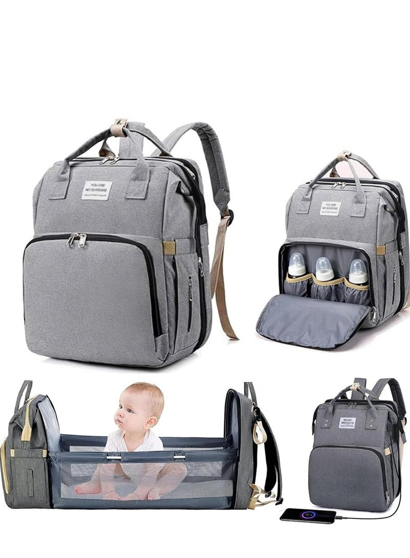 Al Kanzi Diaper Bag Backpack, Multifunctional Portable Baby Mom Bag with USB, Waterproof, Foldable Crib with Stroller Straps, Sunshade, Changing Pad, Travel Friendly  - Image 1