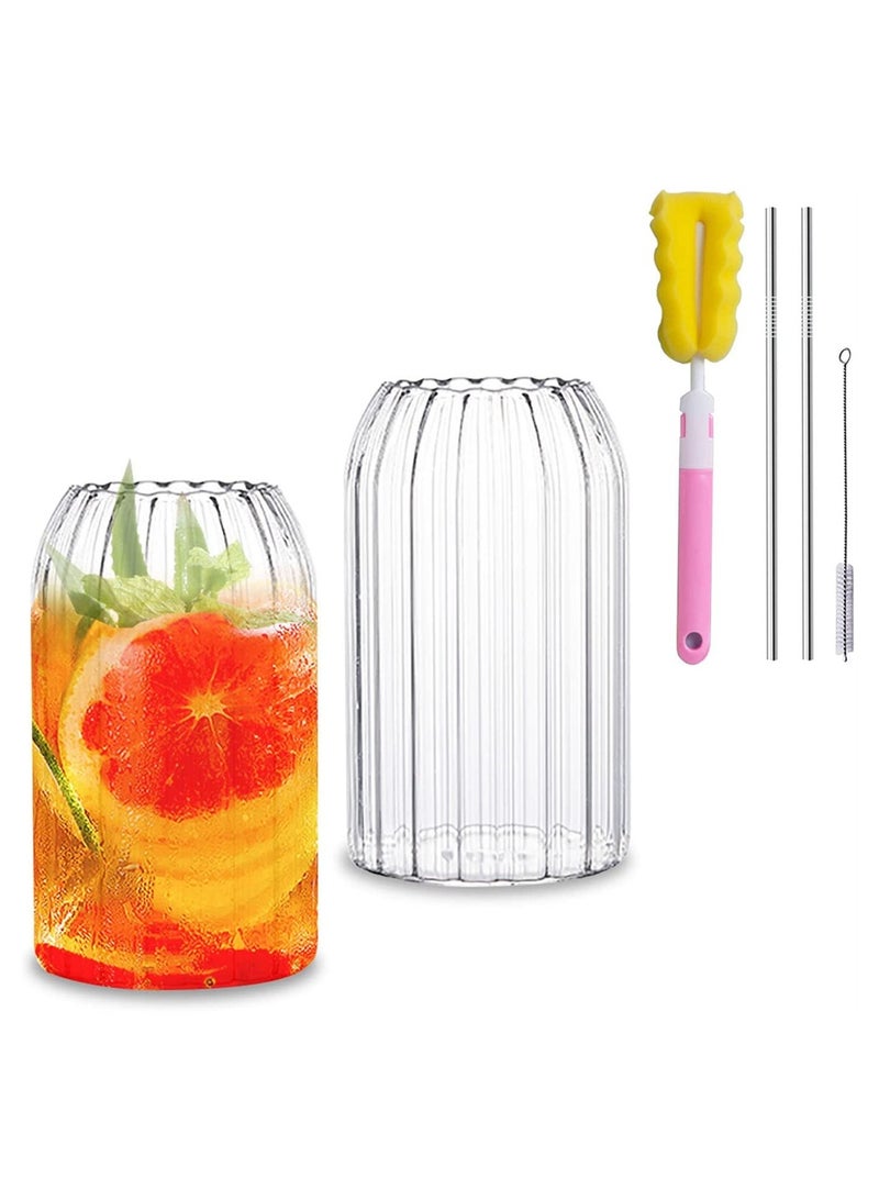 KASTWAVE Glass Cups, 25oz Can Shaped Glass Cups With Straw and Brush, Tumbler Cup, Iced Coffee Glasses, Soda Can Glasses for any Drink and any Occasion, Top-rack Dishwasher Safe (2Pcs) - Image 1