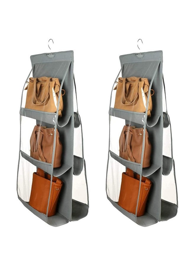 Kuber Industries Kuber Industries Handbag Organizer 6 Pockets for Ladies| Non-Woven Foldable Bag Organizer for Wardrobe|Transparent with Hanger|Pack of 2 (Grey) 
