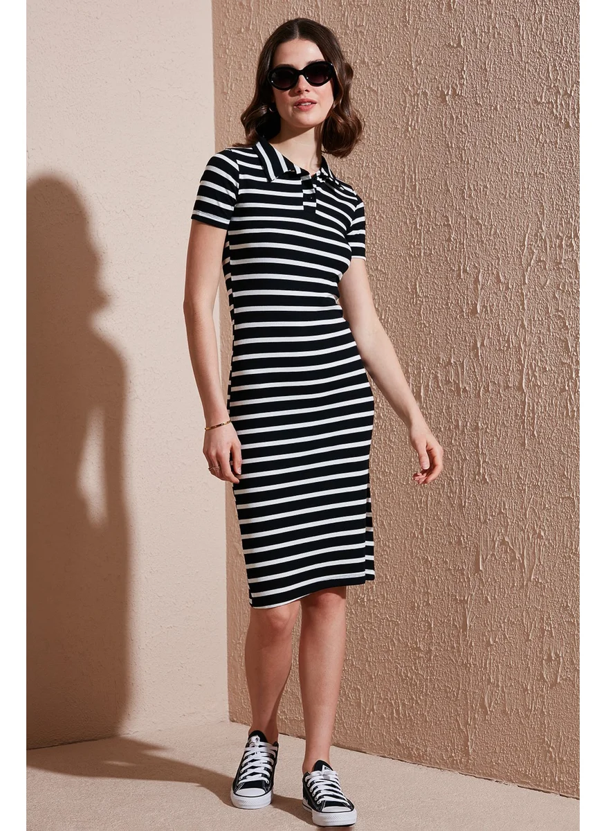 ليلا Stretch Slim Fit Buttoned Polo Collar Short Sleeve Mini Striped Dress Women's Dress 5866167