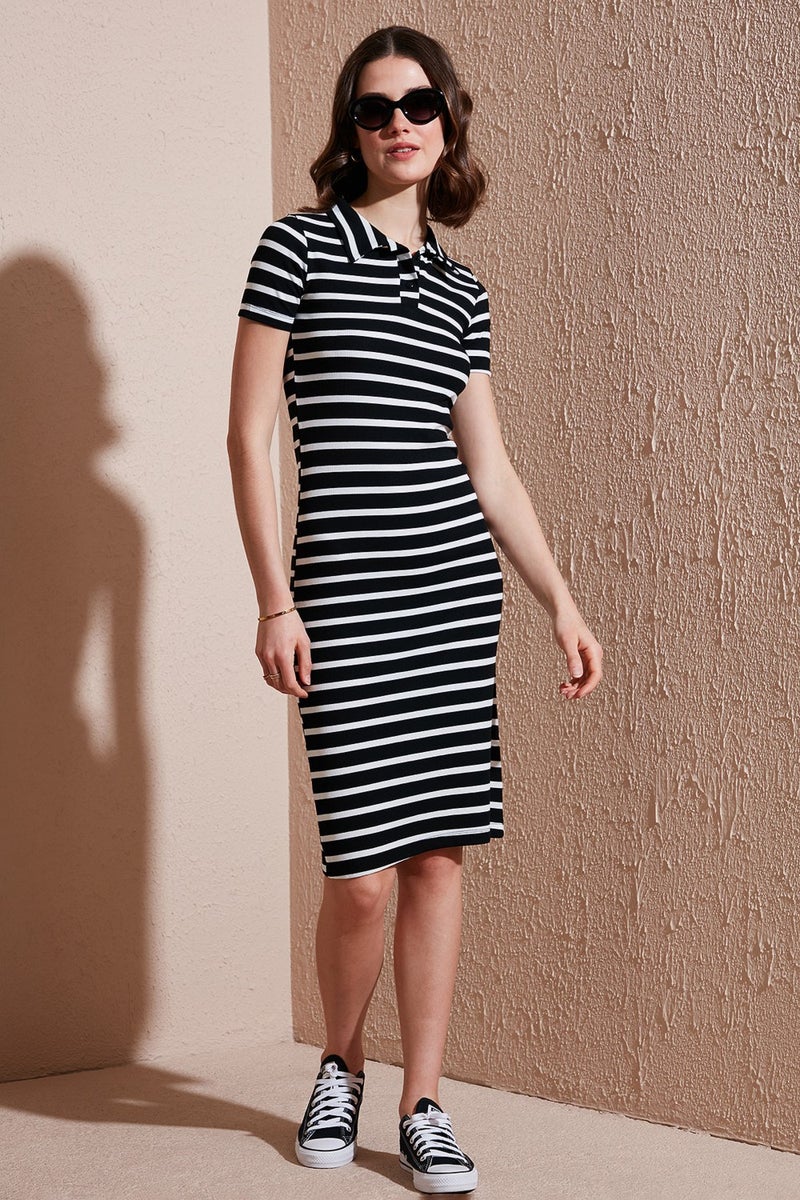Lela Stretch Slim Fit Buttoned Polo Collar Short Sleeve Mini Striped Dress Women's Dress 5866167  - Image 1