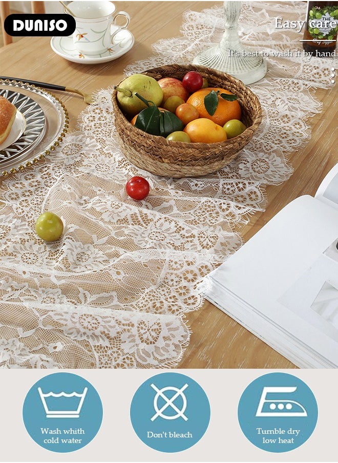 DUNISO Table Runner, Embroidered and Durable White Lace Table Runner, 35*300 CM with Rustic Vintage Lace Tablecloth for Wedding Party Holiday Home Dinner Kitchen Tables  - Image 2
