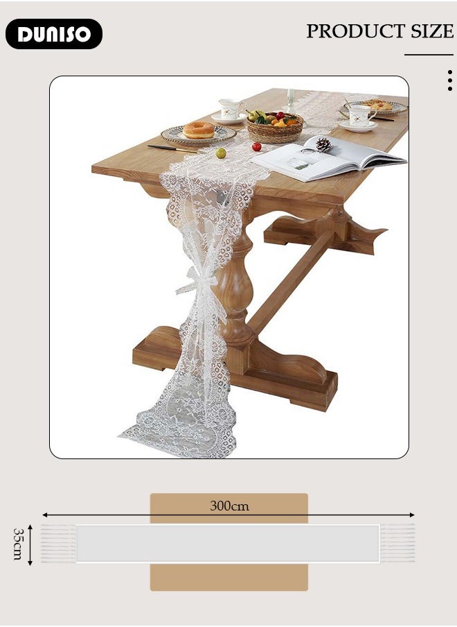 DUNISO Table Runner, Embroidered and Durable White Lace Table Runner, 35*300 CM with Rustic Vintage Lace Tablecloth for Wedding Party Holiday Home Dinner Kitchen Tables  - Image 4