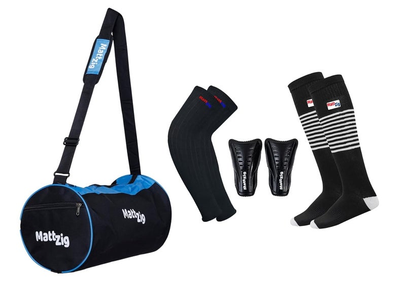 MATTZIG ® Club Football Kit (One Pair of Striped Knee High Socks + One Pair of Shin Guard + One Pair of Cotton Arm Sleeves + One Kit Bag) (Blue, Black) - Image 1