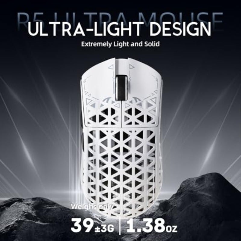 ماوس ألعاب لاسلكي من أربيكال من نوع ATTACK SHARK R5Ultra بدقة 8K من ألياف الكربون مع مستشعر MAX PAW3950 بسرعة 42000 DPI - خفيف جداً وزن 39 جم - مع معالج Nordic 52840 MCU - إمكانية البرمجة مع اتصال بلوتوث 2.4 جيجاهرتز سلكي ولاسلكي لنظامي الكمبيوتر والماك باللون الأبيض - Image 3