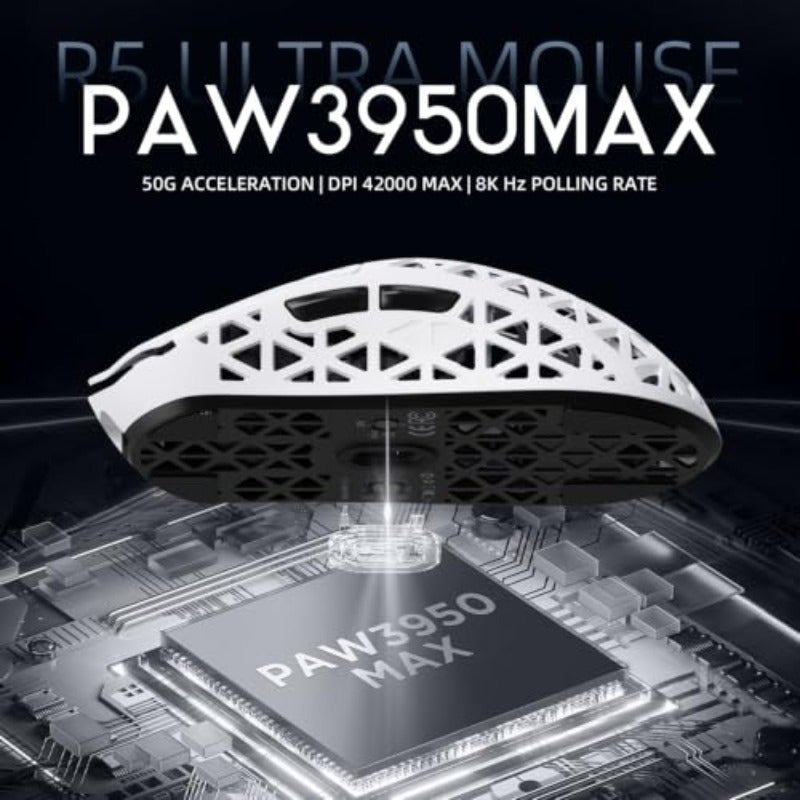 ماوس ألعاب لاسلكي من أربيكال من نوع ATTACK SHARK R5Ultra بدقة 8K من ألياف الكربون مع مستشعر MAX PAW3950 بسرعة 42000 DPI - خفيف جداً وزن 39 جم - مع معالج Nordic 52840 MCU - إمكانية البرمجة مع اتصال بلوتوث 2.4 جيجاهرتز سلكي ولاسلكي لنظامي الكمبيوتر والماك باللون الأبيض - Image 4