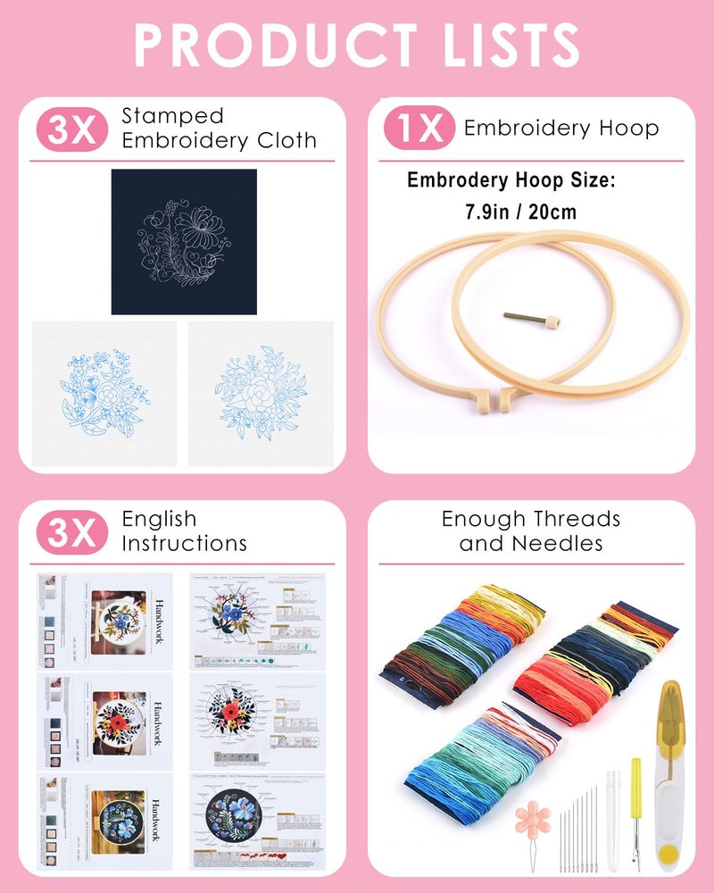 TINDTOP 3 Sets Embroidery Kit for Adults, Floral Embroidery Practice Kit for Beginners Include Embroidery Cloth Hoops Threads for Craft Lover Hand Stitch with Embroidery Skill Techniques - Image 2