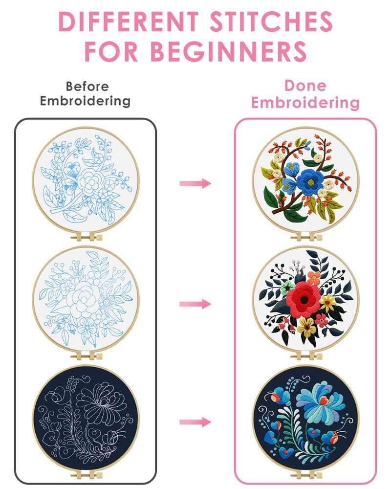TINDTOP 3 Sets Embroidery Kit for Adults, Floral Embroidery Practice Kit for Beginners Include Embroidery Cloth Hoops Threads for Craft Lover Hand Stitch with Embroidery Skill Techniques - Image 3