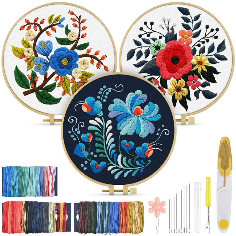 TINDTOP 3 Sets Embroidery Kit for Adults, Floral Embroidery Practice Kit for Beginners Include Embroidery Cloth Hoops Threads for Craft Lover Hand Stitch with Embroidery Skill Techniques - Image 1