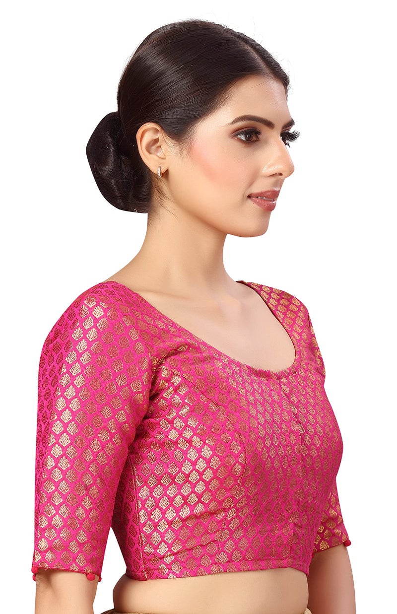 Studio Shringaar Women's Readymade Polyester Elbow Length Sleeves Banaras Brocade Saree Blouse (Pink, 40) - Image 4