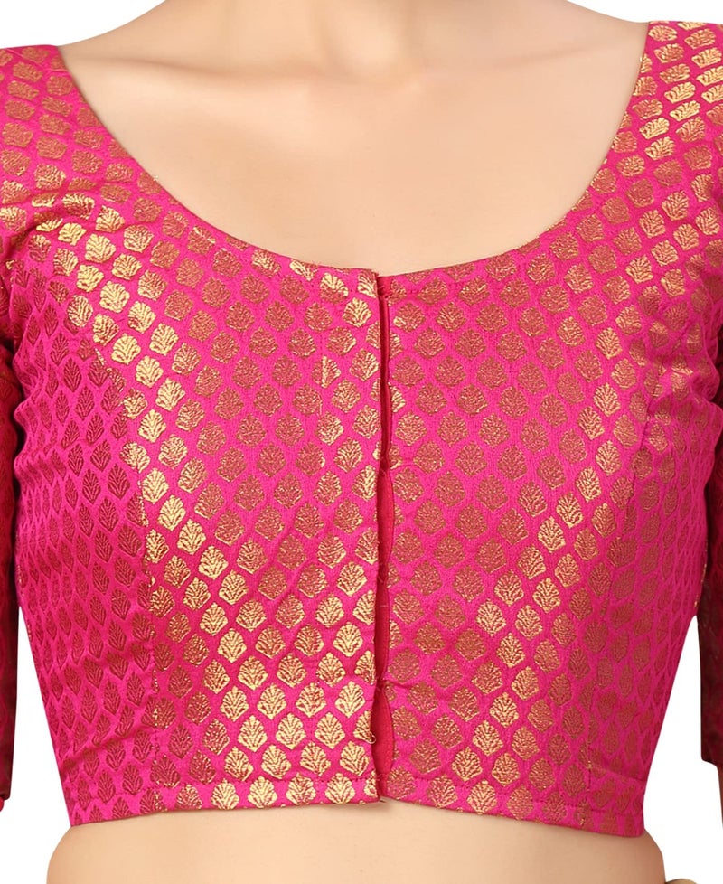 Studio Shringaar Women's Readymade Polyester Elbow Length Sleeves Banaras Brocade Saree Blouse (Pink, 40) - Image 3